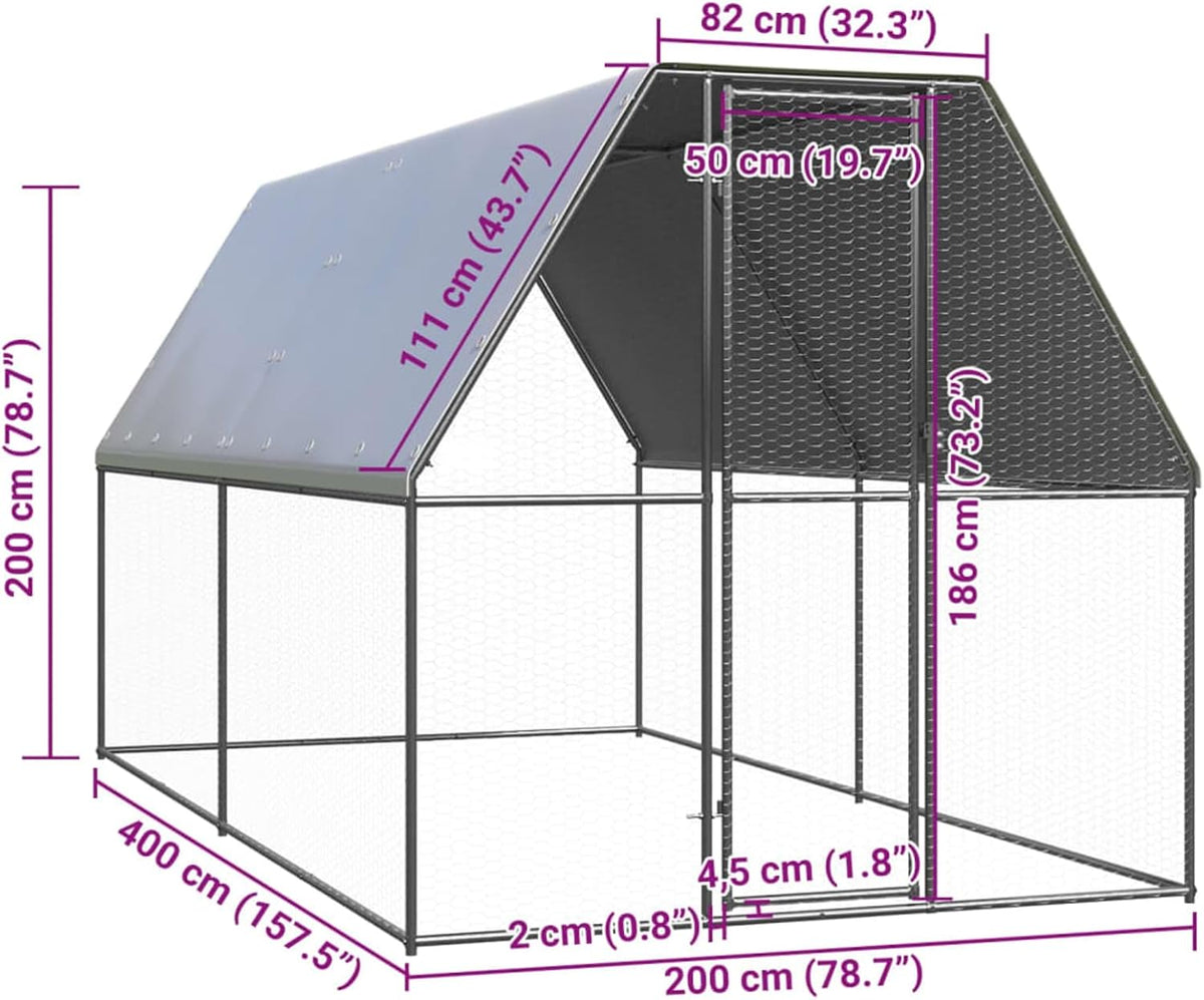 Chicken Cage with Roof, Chicken Coop, Freewheel, Chicken Aviary, Chicken, Small Animals, Poultry, Door with Lock, 2 x 4 x 2 m, Galvanised Steel