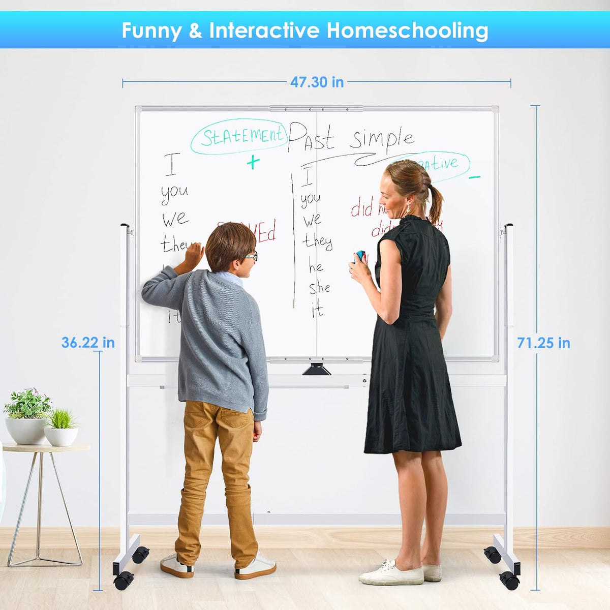 maxtek Rolling whiteboard, 48 x 36 cm, groot magnetisch wit bord met standaard, groot dubbelzijdig wit bord, droog wissen op wielen, voor thuisonderwijs, thuiskantoor, kantoor, school (zilver, 48 x 36