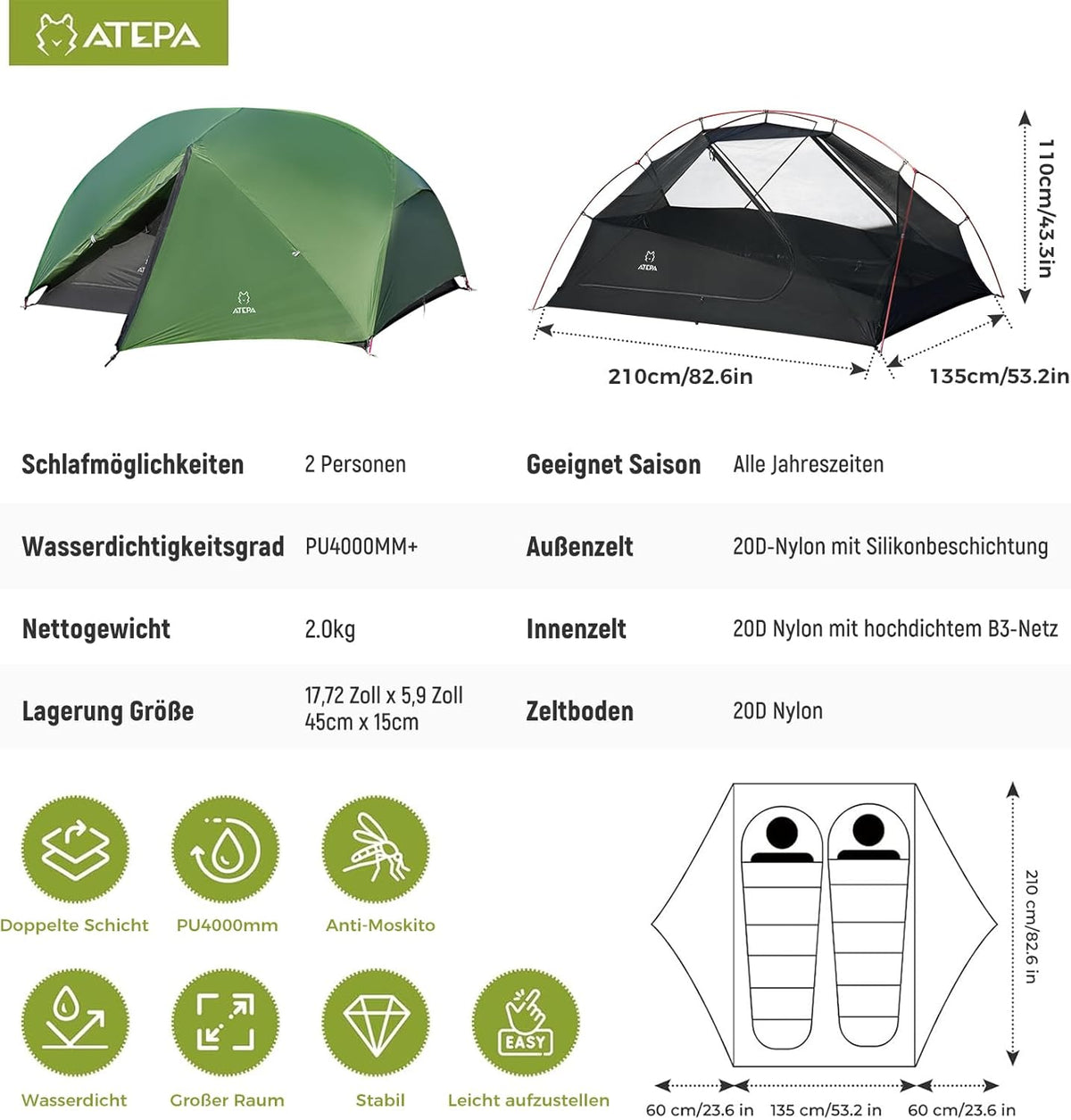 ATEPA Ultralichte Tent 2 Personen 1.9kg Waterdicht & Winddicht, Campingtent Afscheidbaar Mesh-Binnengedeelte met Voorbouw voor Trekking, Camping, Outdoor, Wandelen