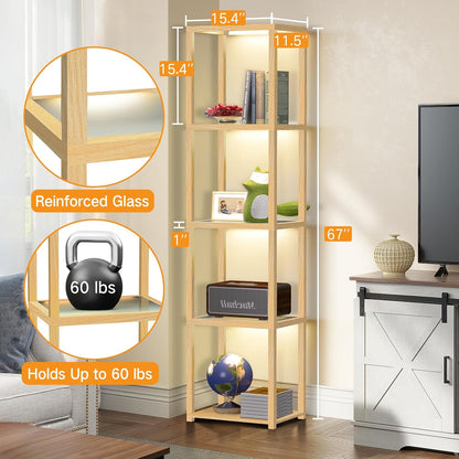 OUTON 170cm Glazen Vitrinekast met Verlichting, Dimbare LED Vloerlamp met Afstandsbediening en App-bediening, Open Boekenkastlamp voor Woonkamer en Slaapkamer, Hout