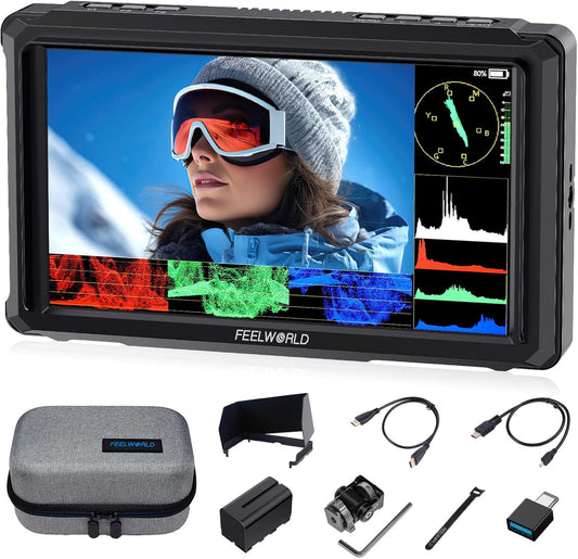 FEELWORLD FW568 PRO 6 Inch 1200Nit DSLR Camera Monitor met F750 Batterij 4400mAh en Tas,4K 60Hz HDMI2.0,3D LUTs,HDR Golfvorm,Peak Focus Video Assist,9:16 Marker,8.4V DC Ingang/Uitgang