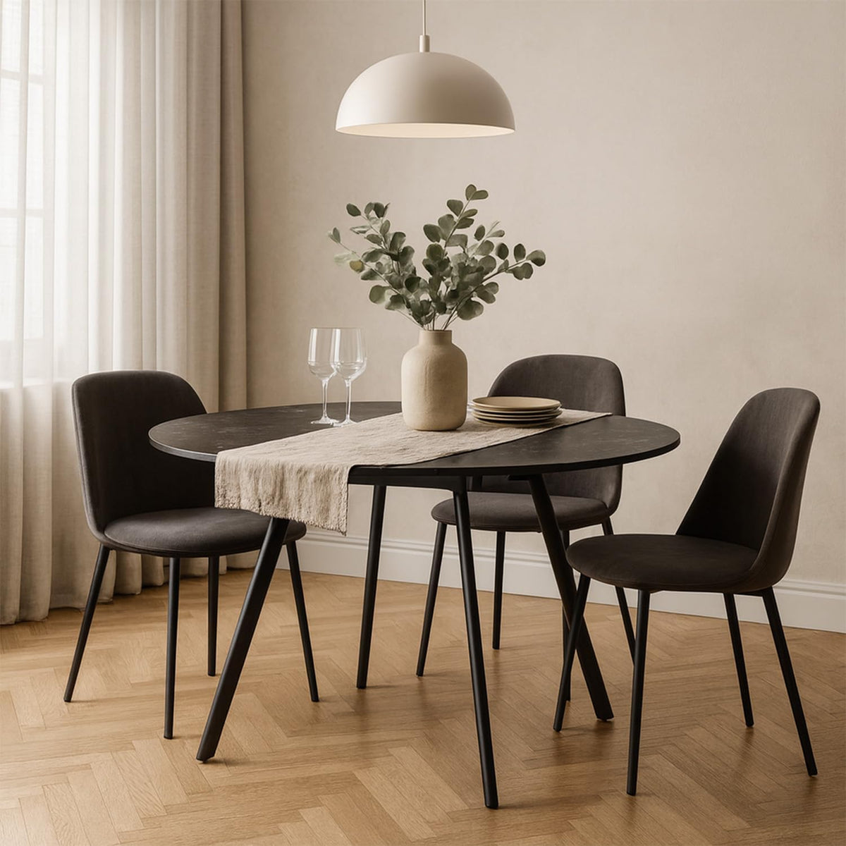 Ronde Eettafel – Uitschuifbare Tafel – Keukentafel – Eetkamertafel – Uitklapbare Tafel – Butterfly Mechanisme – Marmer Look – Zwart Metaal Frame – 120-150 cm – Geschikt Voor 4-6 Personen