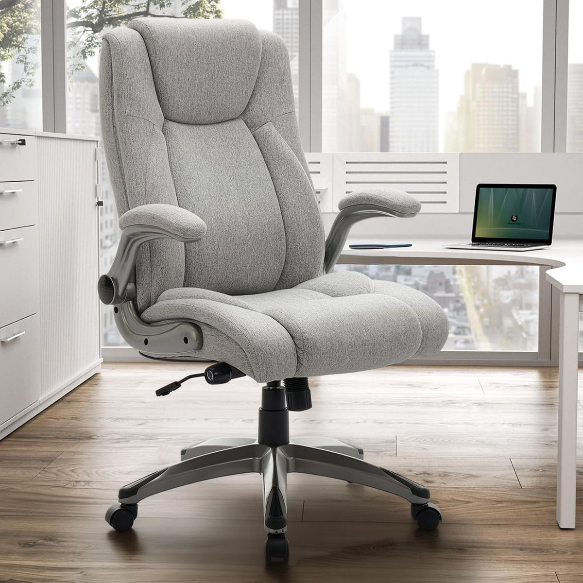 COLAMY Bureaustoel, ergonomisch, directiestoel met hoge rugleuning, ergonomische 360° draaistoel voor kantoor, lederen stoel met verstelbare kantelsluiting, grijs