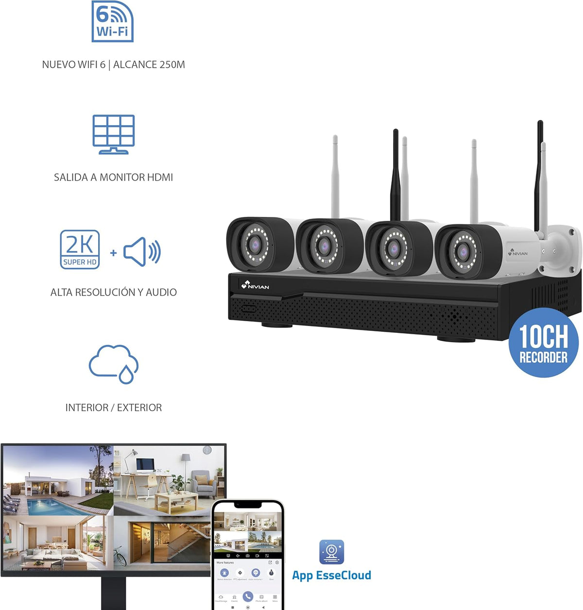 NIVIAN Professionele WLAN-bewakingscameraset, SuperHD met 4 IP-camera's en 10-kanaals recorder, voor thuis en op de winkel, nachtzicht, menselijke detectie IA, bidirectionele audio, eenvoudige