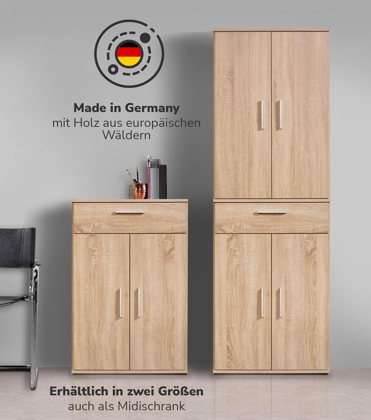 mokebo Multifunctional Cabinet 60 cm wide with Drawers 'The Practical', Chest of drawers, Filing cabinet large, Office cabinet, Shoe cabinet, Kitchen cabinet in brown of Wood, High Cabinet in Sonoma Oak - QUORE