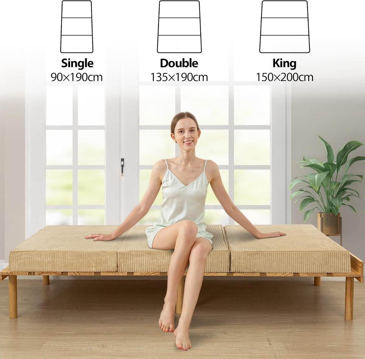 MAXYOYO Opvouwbare corduroy matras, 10 cm dik, drievoudig vloermatras met wasbare overtrek, drievoudig opvouwbaar, ruimtebesparende gastenmatras (camel, king)
