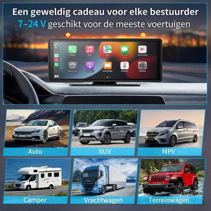 10.26 Inch Draadloos CarPlay Scherm & Android Auto Display - 4K Dashcam & 1080P Achteruitrijcamera - Draagbare Autoradio met Dual Bluetooth, FM, AUX & GPS Navigatie - Inbouwloos & Universeel
