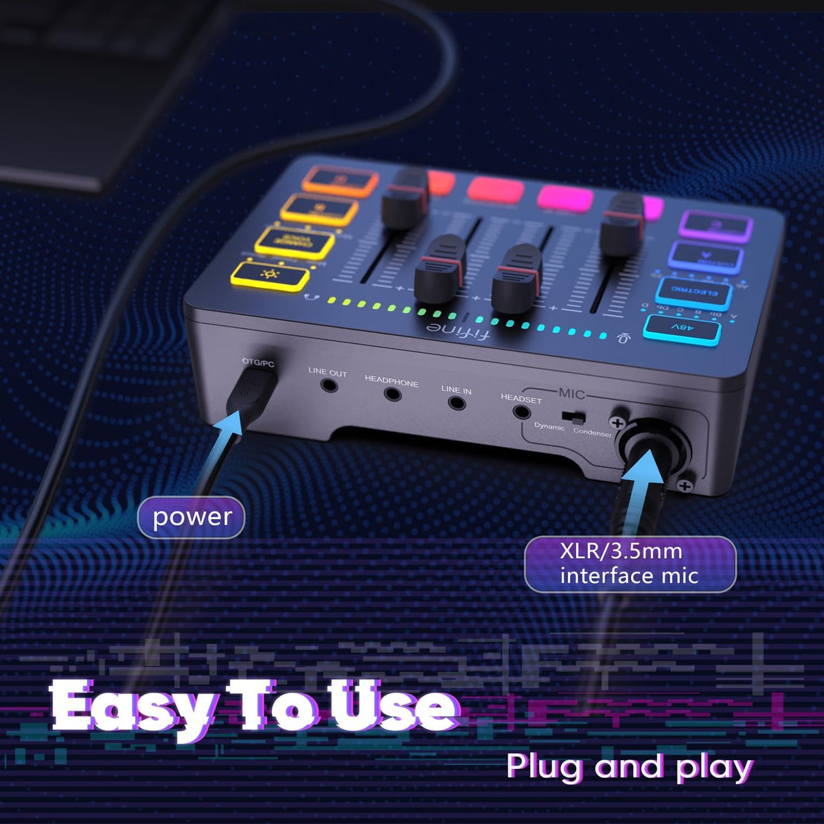 FIFINE XLR AM8 + SC3 Streaming Microfoon en Gaming Audio Mixer, USB Dynamische Microphone Gaming PC voor Podcast Studio, Streaming RGB PC Mixer met XLR Microfoon-Interface