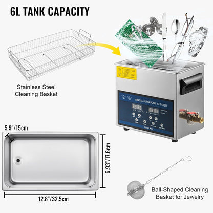Ultrasone Reiniger – Ultrasoon Schoonmaakapparaat – Sieradenreiniger – Brillenreiniger – Horlogereiniger – 6 Liter Capaciteit – Roestvrijstalen Tank – Dubbele Frequentie 28/40 kHz