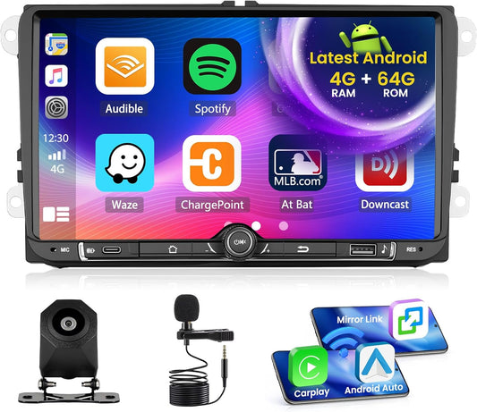 Android 15 autoradio voor VW Golf Skoda Polo Passat Tiguan Touran 4+64G met Wireless CarPlay Android Auto, 9 inch scherm ondersteuning FM RDS 32EQ GPS Bluetooth WiFi SWC AHD achteruitrijcamera
