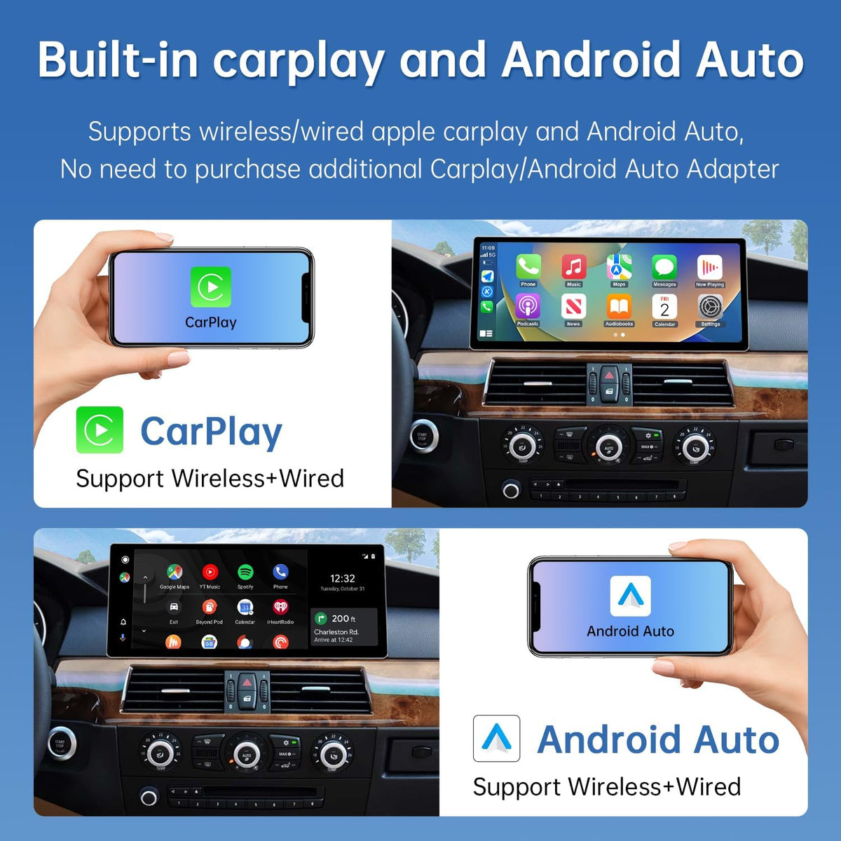 Road Top CarPlay Screen, 12.3 inch Car Radio Touch Screen for BMW 5 Series E60/E61 with CIC System (2008-2010 year), Car Stereo with Narrow Bezel, Compatible with Apple CarPlay/Android Auto/MirrorLink - QUORE