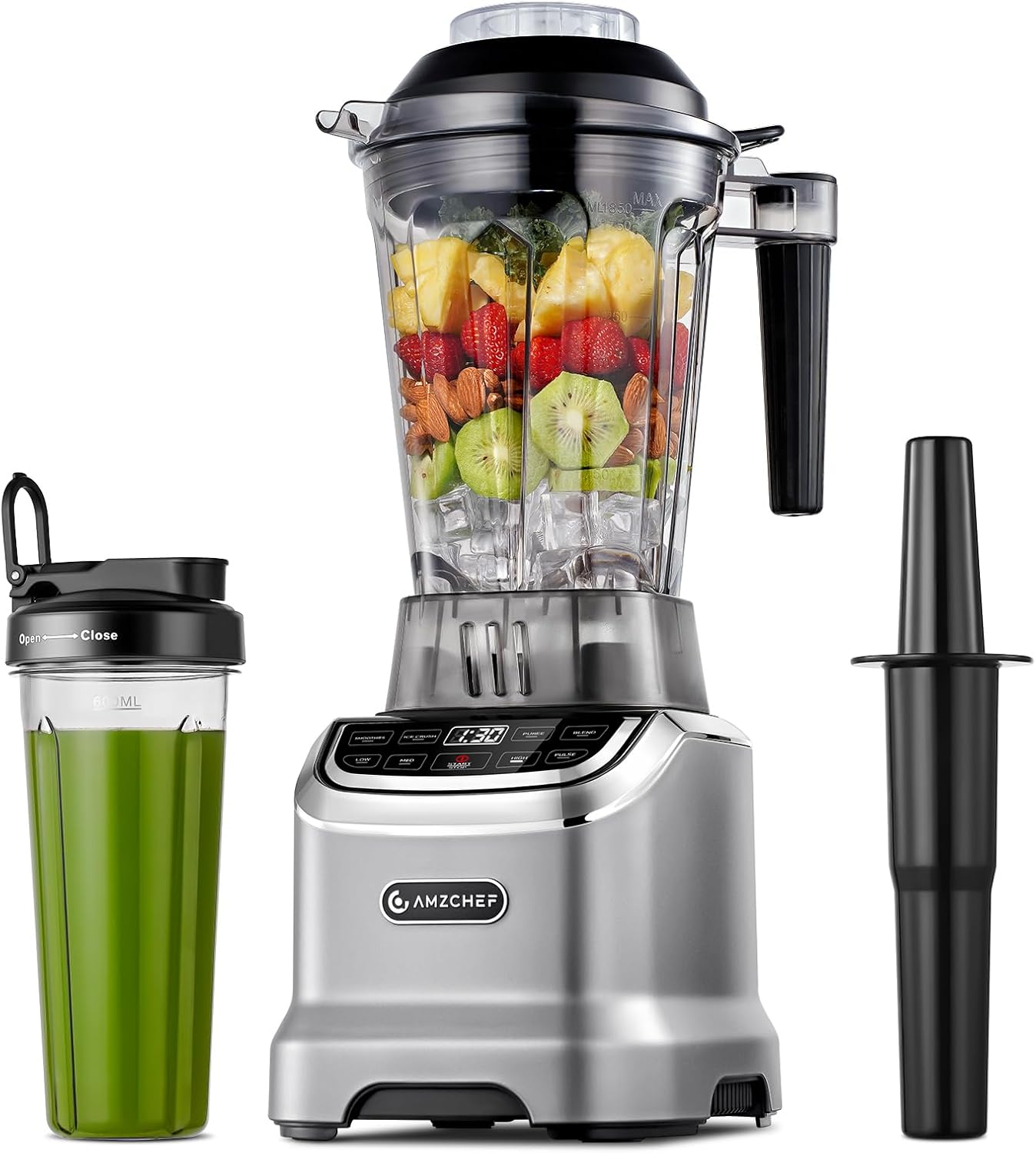 AMZCHEF Professionele smoothiemixer 1,85 liter met 6 messen, 600 ml, BPA 1,85 l en 600 ml individuele glazen mixer voor 2 mengmodi 1800 W