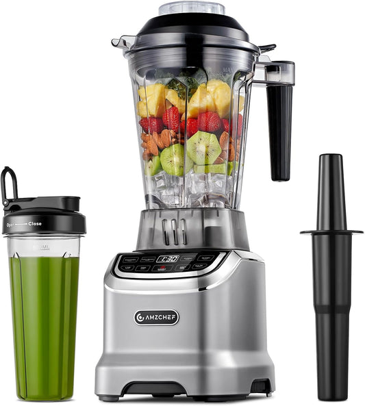 AMZCHEF Professionele smoothiemixer 1,85 liter met 6 messen, 600 ml, BPA 1,85 l en 600 ml individuele glazen mixer voor 2 mengmodi 1800 W