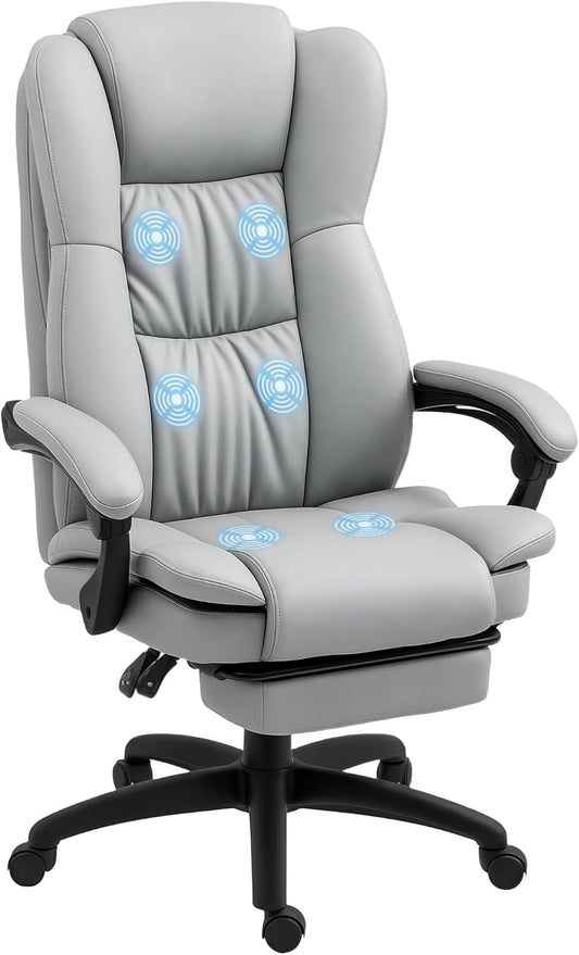Vinsetto Office Chair with Massage Function, Ergonomic Office Chair with Reclining Function, Height Adjustable, Manager Chair with Swivel Function, Footrest, Remote Control, Faux Leather, Light Grey - QUORE