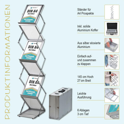 DisplayLager - Brochurestandaard, opvouwbaar incl. draagtas van aluminium. Bodembrochurestandaard staand formaat vouwbrochurestandaard (zilver, A4)