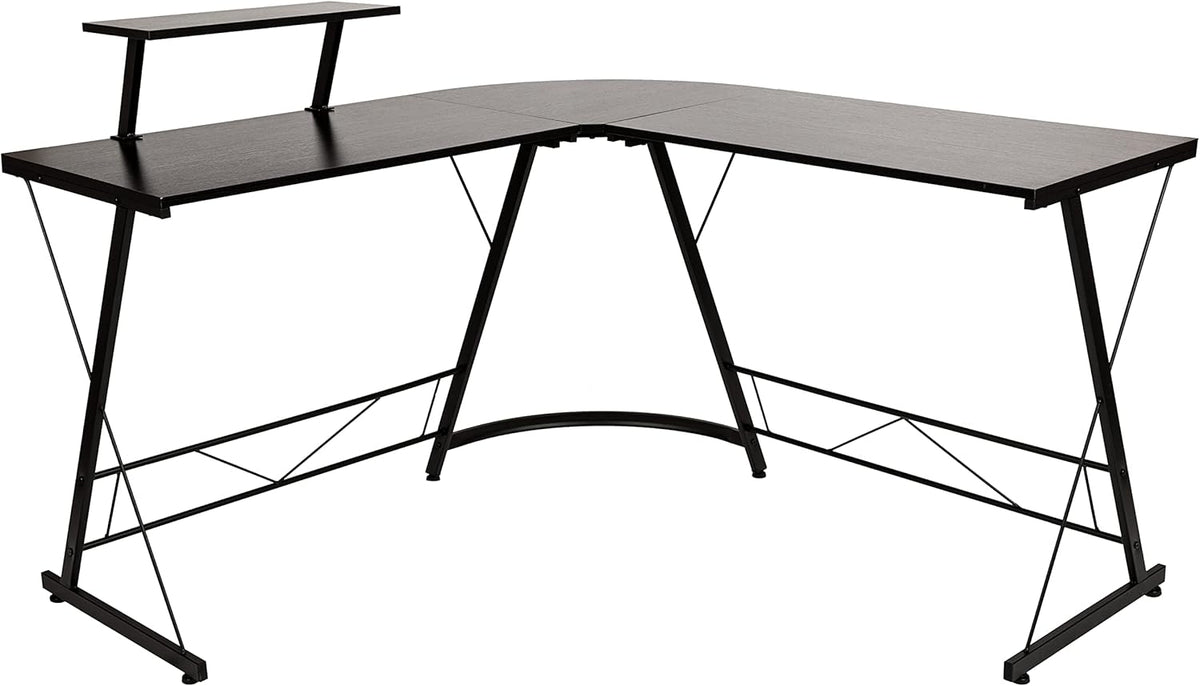 Flash Furniture Hoekbureau - zwart/zwart ruimtebesparend L-vormig gamingbureau met monitorplank - 72' 2-laags computerbureau, thuiskantoor hoekbureau, eenvoudig te monteren