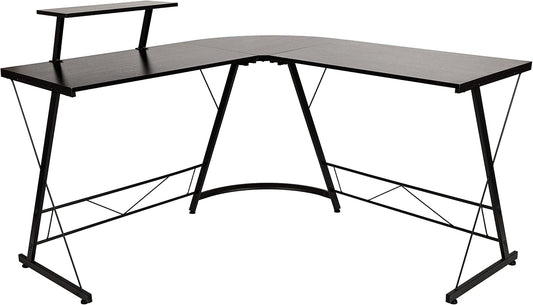 Flash Furniture Hoekbureau - zwart/zwart ruimtebesparend L-vormig gamingbureau met monitorplank - 72' 2-laags computerbureau, thuiskantoor hoekbureau, eenvoudig te monteren