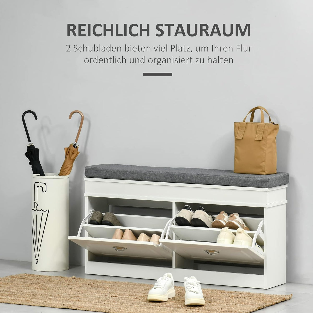 HOMCOM shoe rack shoe bench with cushion and 2 drawers chipboard MDF polyester foam white + grey 104 x 24 x 55 cm - QUORE