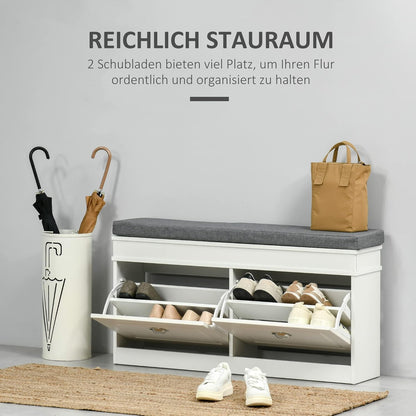 HOMCOM shoe rack shoe bench with cushion and 2 drawers chipboard MDF polyester foam white + grey 104 x 24 x 55 cm - QUORE