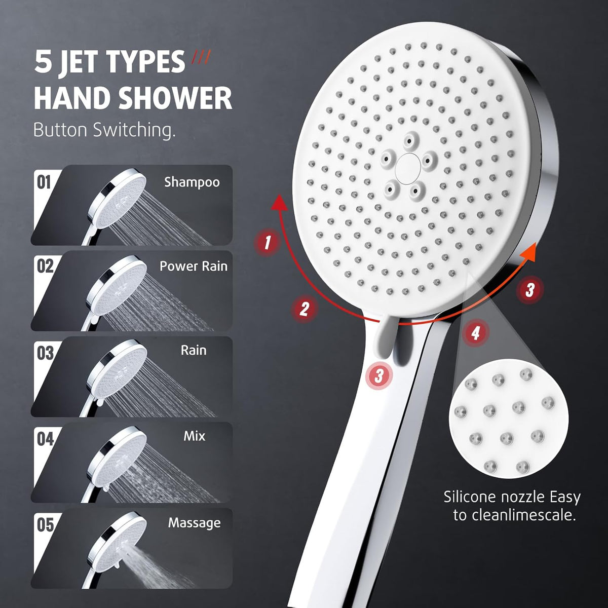 Rainsworth Douchesysteem met thermostaat, chroom, complete set met 30 cm, ronde regendouche, douchekop, 5 straalsoorten, douchekop, 92-126 cm in hoogte verstelbaar, regendouche met kraan, doucheset