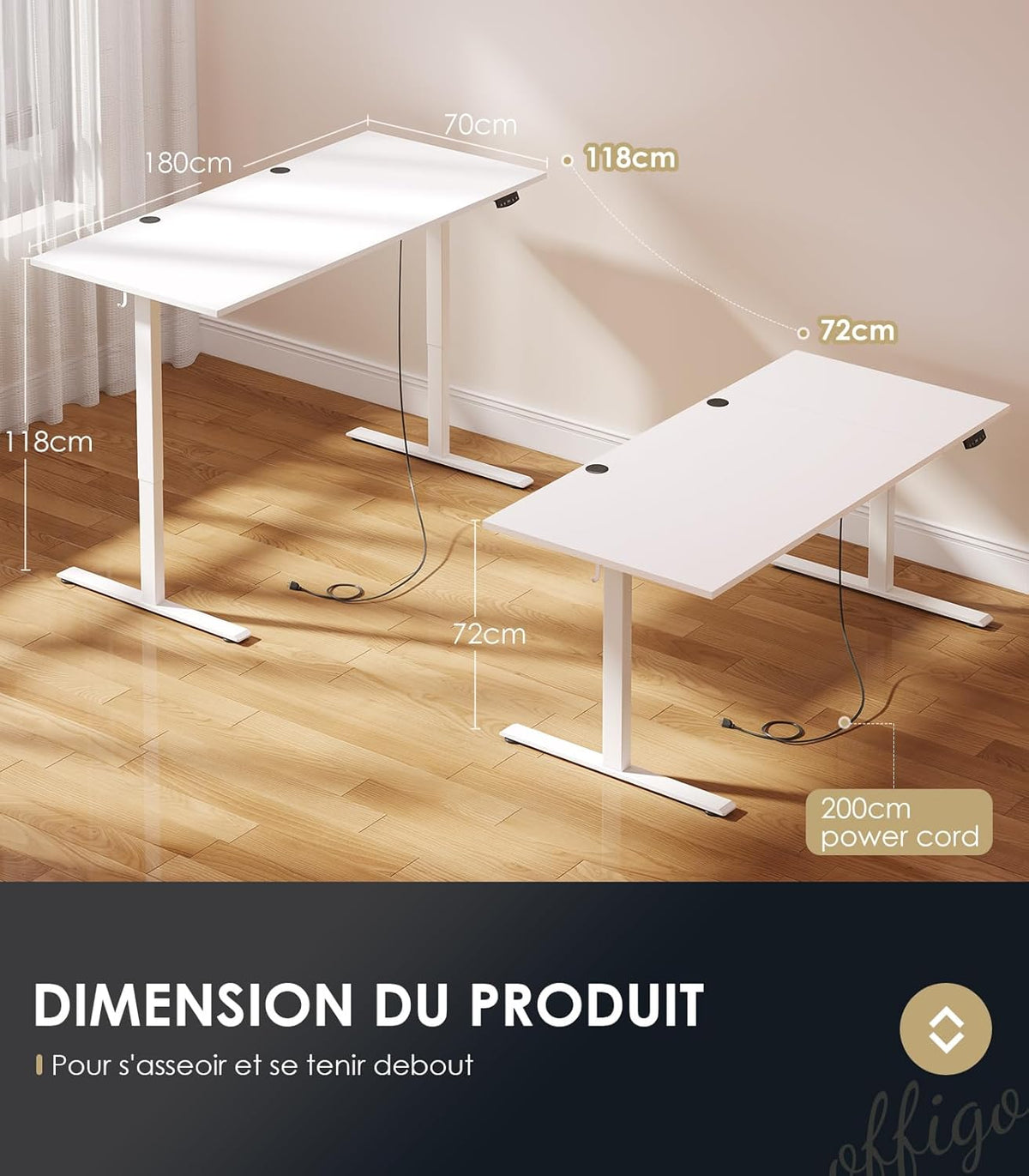 OffiGo Height Adjustable Desk, 180cm Electric Desk, Ergonomic Desk with Memory Function, Height Adjustable Gaming Desk, Modern Computer Desk for Home, White - QUORE