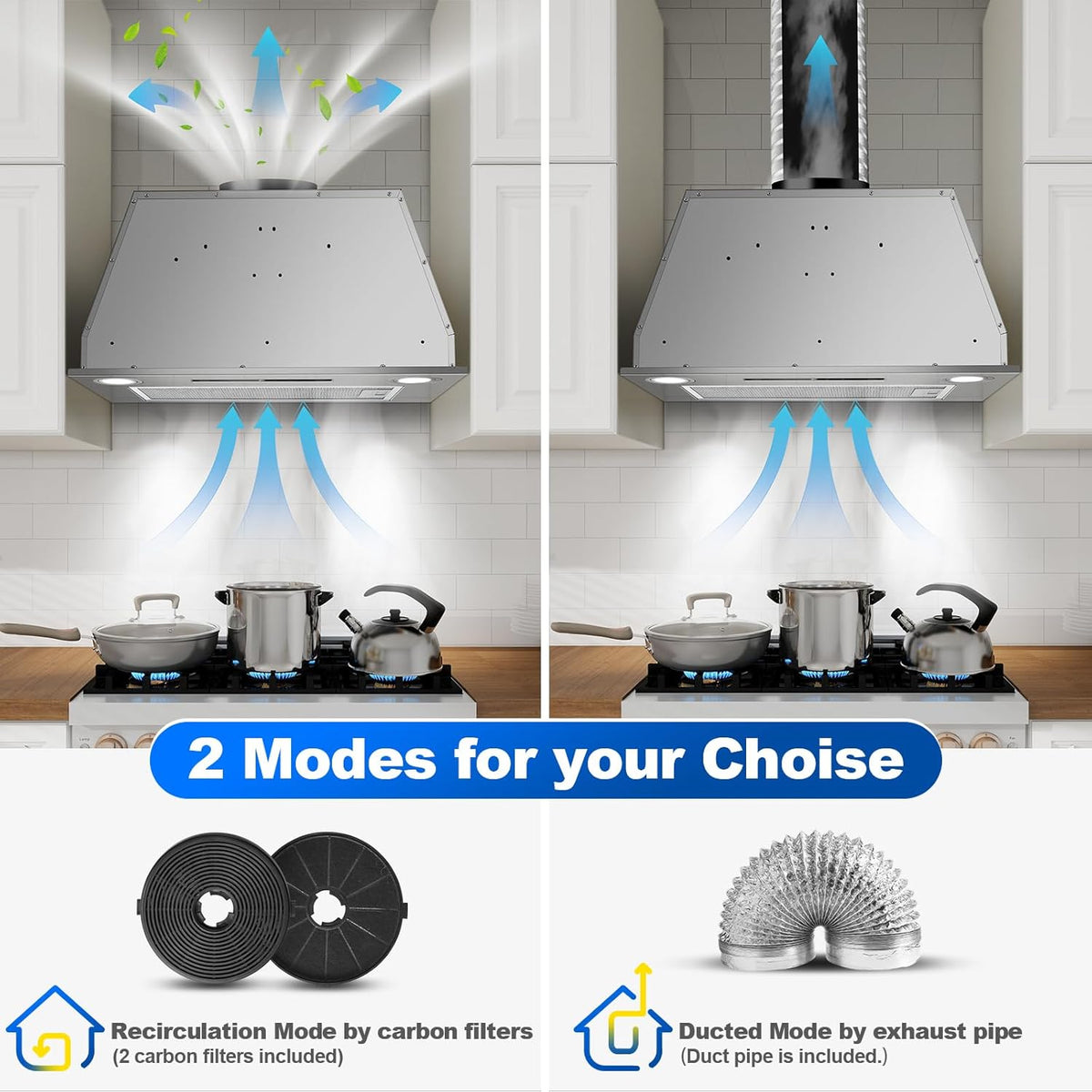 afzuigkap 52 cm, inbouwafzuigkap, 400 m³/u, 3 vermogensstanden en boosterfunctie, gebarenbediening, touchbediening, afzuiging/recirculatie met actieve koolfilter en rookpijp, afzuigkap