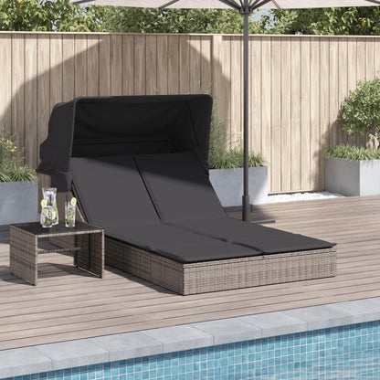 Double Sun Lounger with Retractable Canopy and Grey Polyrattan Outdoor Cushions Adjustable Backrest, Weatherproof and UV Resistant Material - QUORE