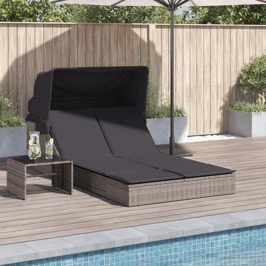Double Sun Lounger with Retractable Canopy and Grey Polyrattan Outdoor Cushions Adjustable Backrest, Weatherproof and UV Resistant Material - QUORE