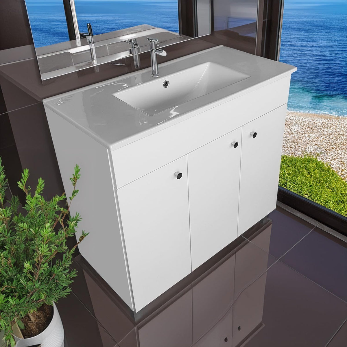 IGA washbasin with base cabinet - 80 x 84 x 40 cm basin with base cabinet for the bathroom - bathroom furniture set white high gloss - QUORE