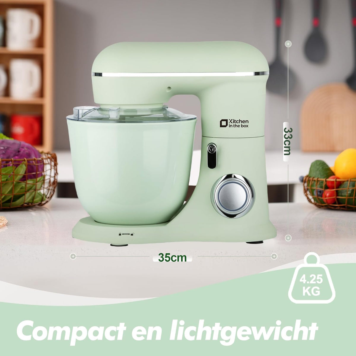 Kitchen in the Box Keukenmachine, 1300W, 10 snelheden, 4.5L + 5L mengkommen, elektrische standmixer met garde, klopper en deeghaak (Groen, 4.5L)