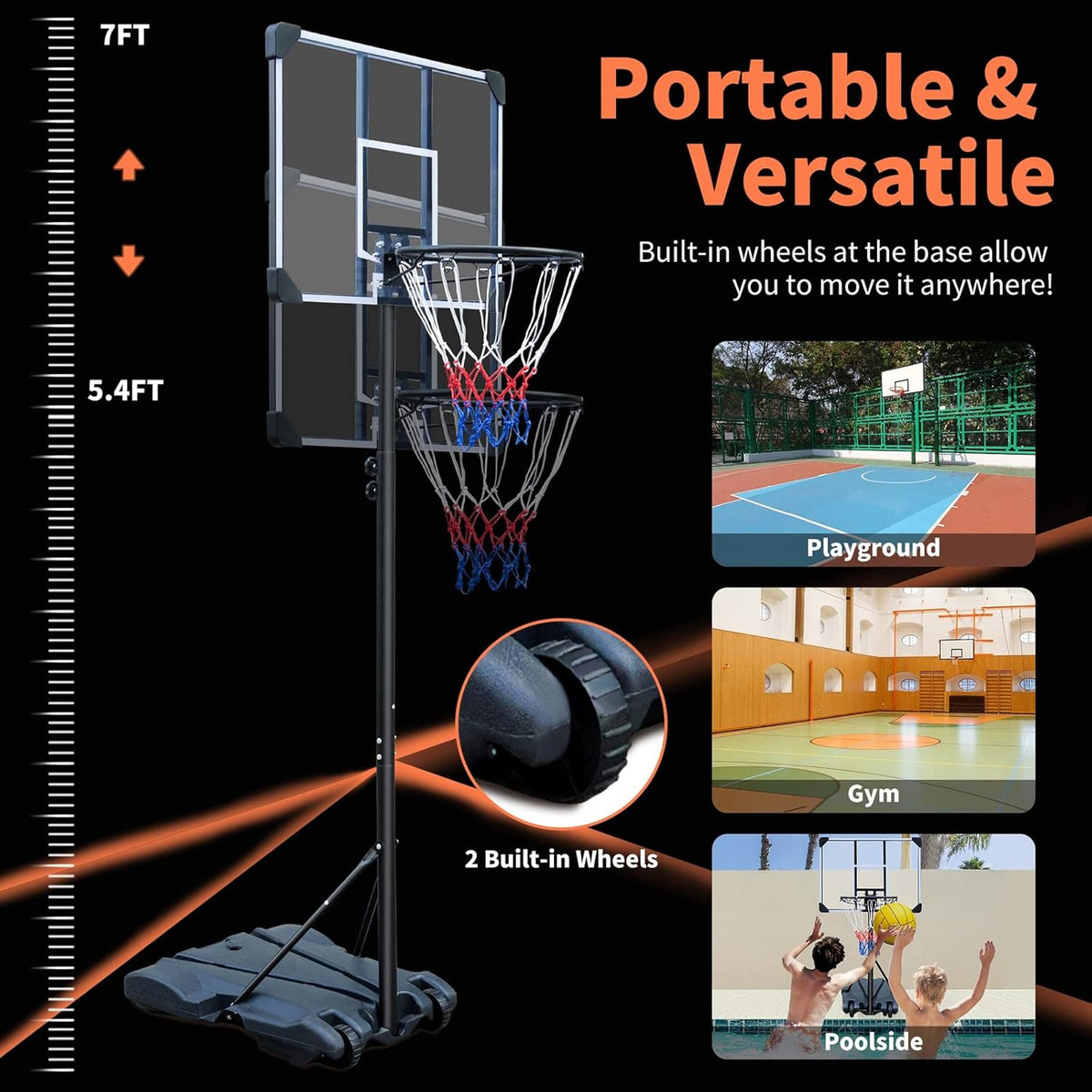 HIONRE Draagbare 7ft Basketbal Transparante Backboard Hoop Net Set Professionele Outdoor Basketbal Stand met Wielen, Verstelbare Hoge 165cm-213cm, Zwart