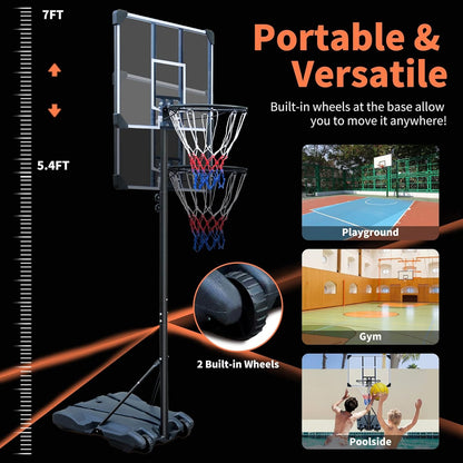 HIONRE Draagbare 7ft Basketbal Transparante Backboard Hoop Net Set Professionele Outdoor Basketbal Stand met Wielen, Verstelbare Hoge 165cm-213cm, Zwart