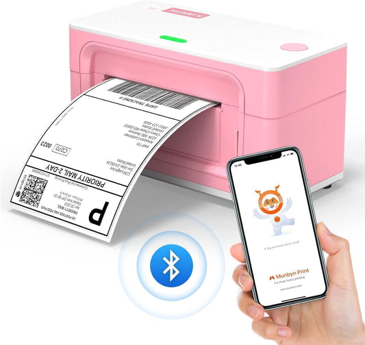 MUNBYN Bluetooth Thermische Printer Labelprinter 4x6 DHL UPS GLS Verzendlabels Label Maker voor verzendpakketten Compatibel met Ebay Amazon Etsy Shopify, Roze