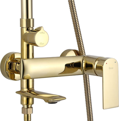 Rea Veneta Gold douchesysteem, doucheset, douchearmatuur met douchekop en douchekop van messing, doucheset, voor badkamer (goud)