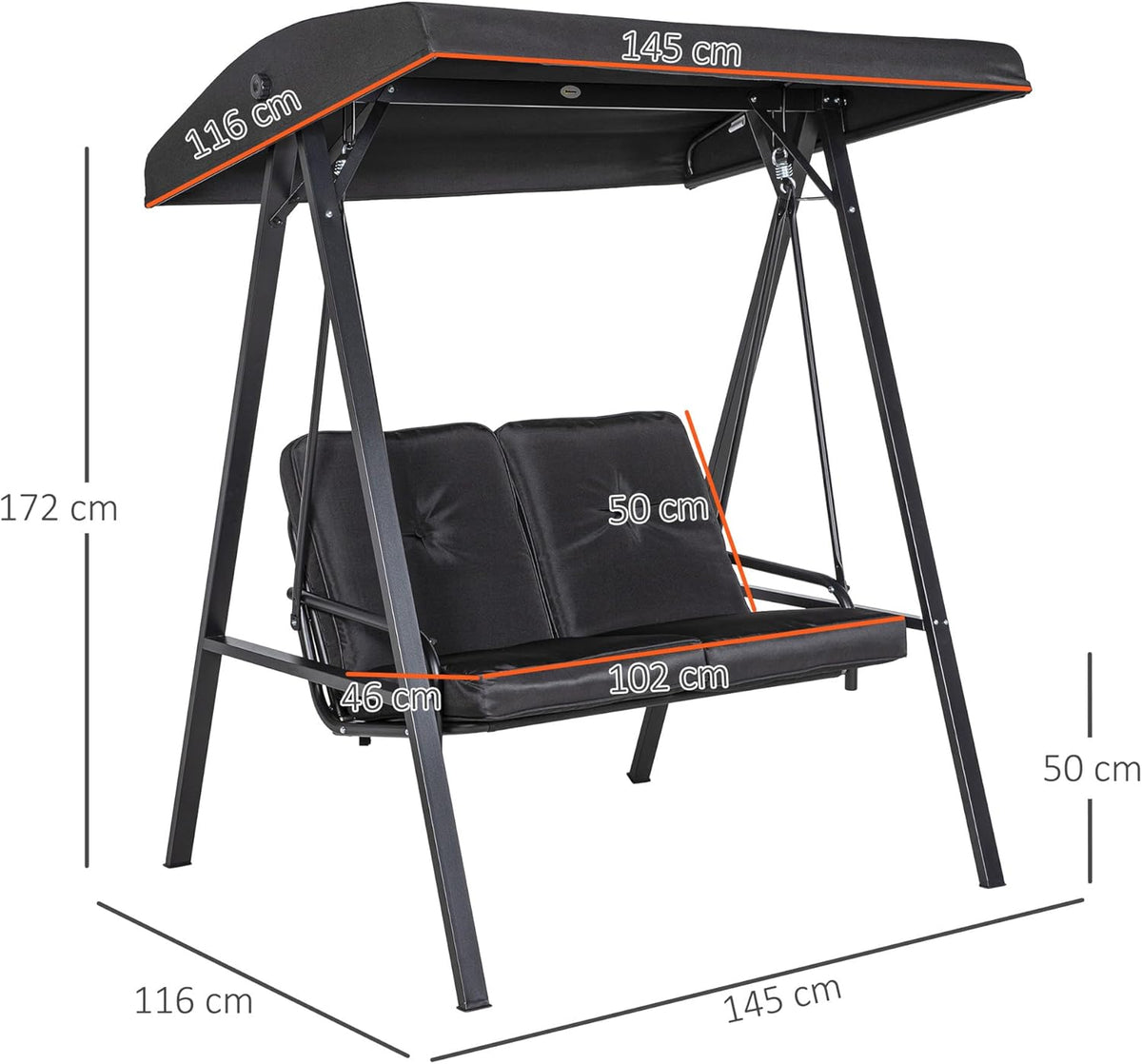 Outsunny Hollywoodschaukel 2-Sitzer Gartenschaukel mit Verstellbarem Dach, Kissen, Schaukelbank bis 220 kg Load Bar, für Garten, Balcony, Schwarz, 145 x 116 x 172 cm - QUORE