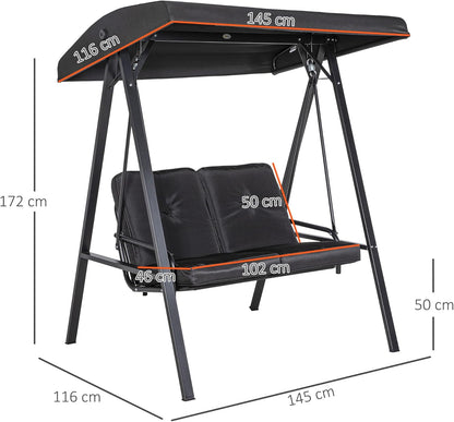 Outsunny Hollywoodschaukel 2-Sitzer Gartenschaukel mit Verstellbarem Dach, Kissen, Schaukelbank bis 220 kg Load Bar, für Garten, Balcony, Schwarz, 145 x 116 x 172 cm - QUORE