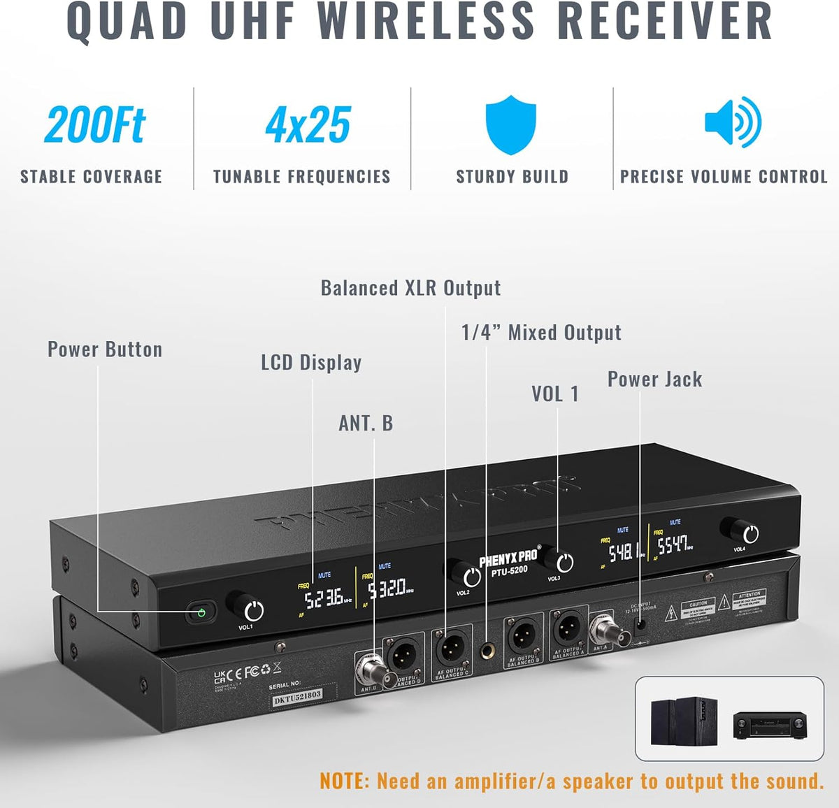 Draadloos microfoonsysteem – Draadloze microfoonset – Karaoke microfoonsysteem – UHF microfoonset – Handheld microfoonset met 4 microfoons – 25 Instelbare UHF Frequenties – Bereik Tot 60 Meter
