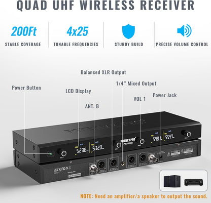 Draadloos microfoonsysteem – Draadloze microfoonset – Karaoke microfoonsysteem – UHF microfoonset – Handheld microfoonset met 4 microfoons – 25 Instelbare UHF Frequenties – Bereik Tot 60 Meter