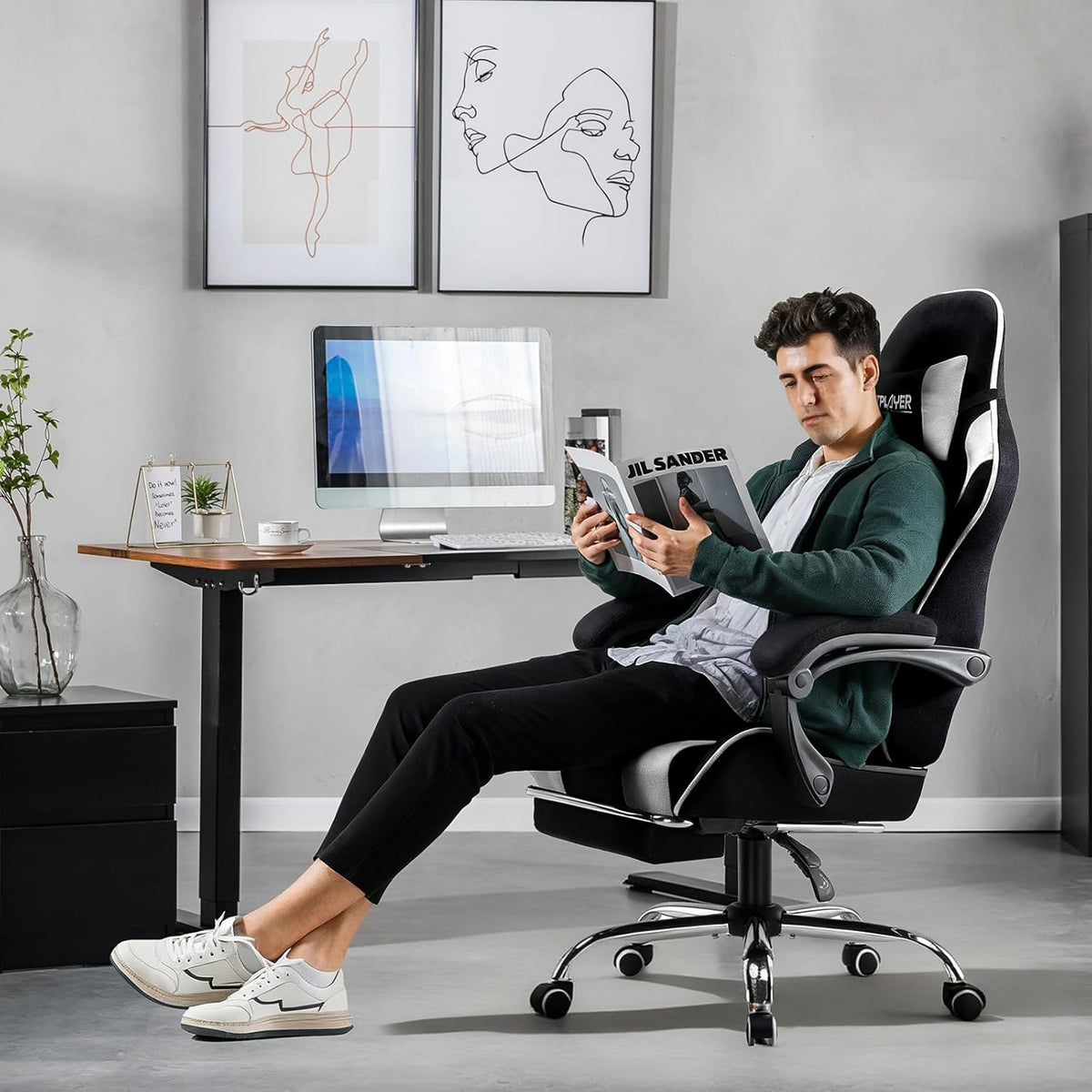 GTPLAYER Gamingstoel, bureaustoel, ergonomische pc-stoel, gamingstoel met massagesteun, task stoelen met voetensteun en hoofdsteun, witte stof