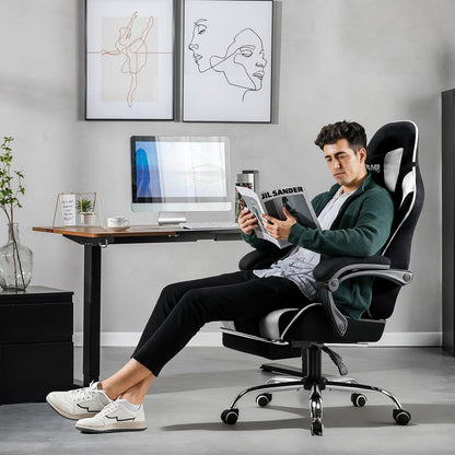 GTPLAYER Gamingstoel, bureaustoel, ergonomische pc-stoel, gamingstoel met massagesteun, task stoelen met voetensteun en hoofdsteun, witte stof