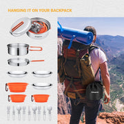 KingCamp Camping Kookgerei Set Servies Rvs Mess Kit Pot Pan Plate Bowl Lepel Vorkmes Karabijnhaken Reizen Kookgerei Outdoor Trekking Wandelen Picknick 25 Stuks voor 3 Personen