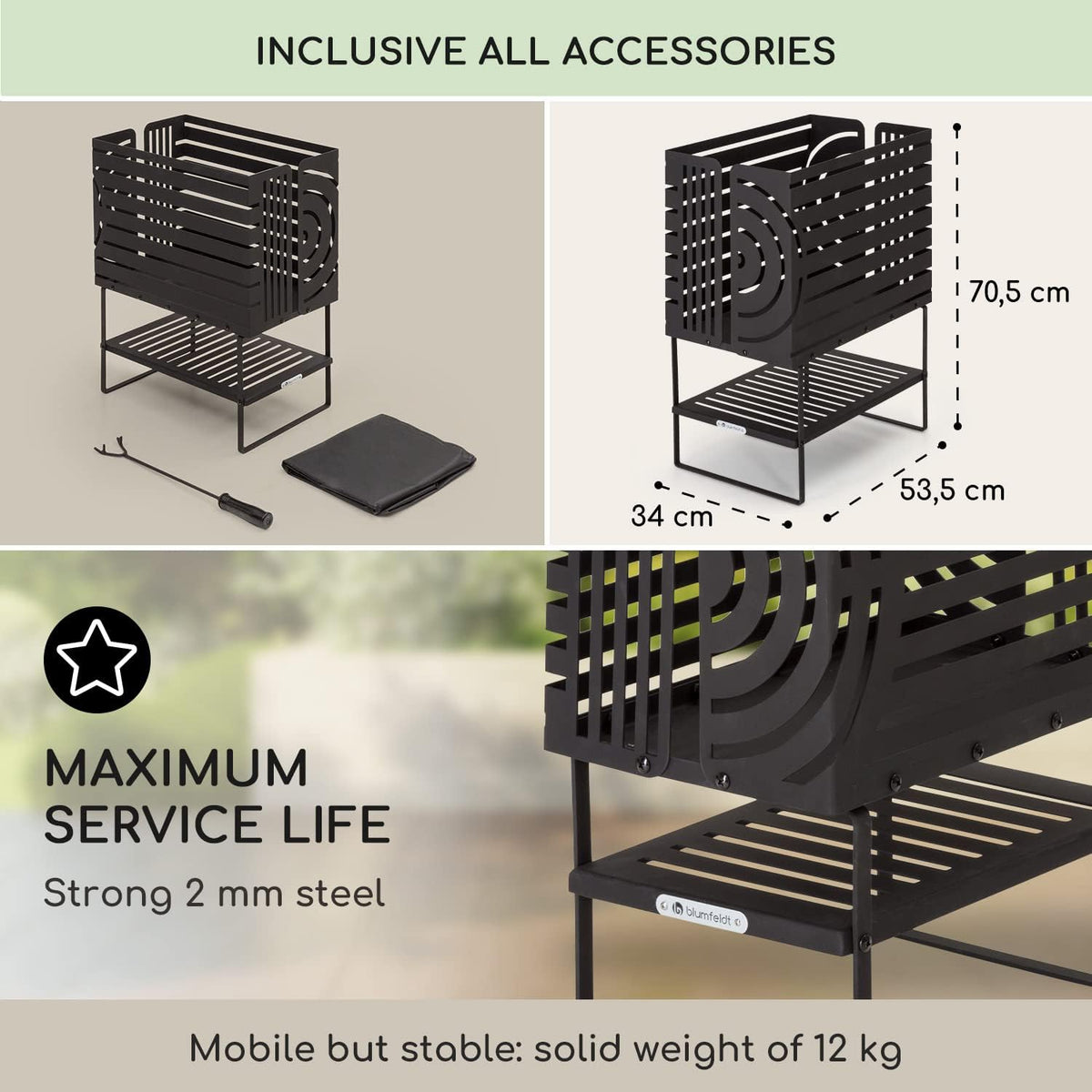 Blumfeldt Vuurschaal met grillrooster, outdoor stalen vuurschaal, groot voor balkon en camping, mobiele vuurschaal 40 cm, vuurschaal met standaard, weerbestendige vuurschaal, rechthoekige haard