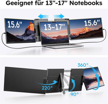 15,6" Laptop Screen Extender, FHD 1080P IPS Laptop Schermuitbreiding, Plug & Play Triple Display Extension, compatibel met 13,3 inch - 17 inch voor Windows/Mac/Android/Chrome