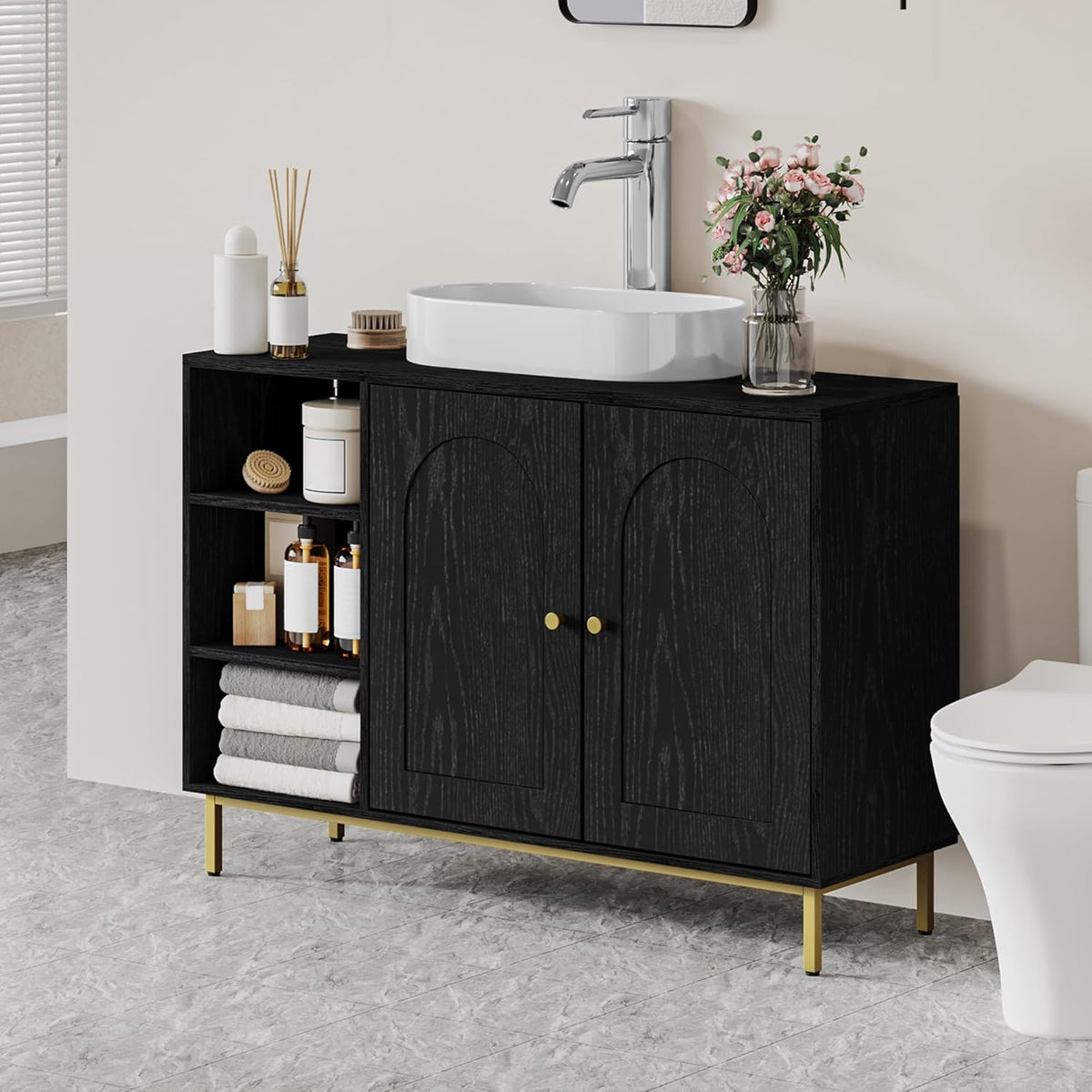 Hzuaneri Washbasin Unit, Bathroom Furniture, Under Cabinet, Extra Long, with Open Compartments and 2 Doors, Adjustable Shelf, Freestanding, For Bathroom, Black 30 x 90 x 63 cm BC09804G