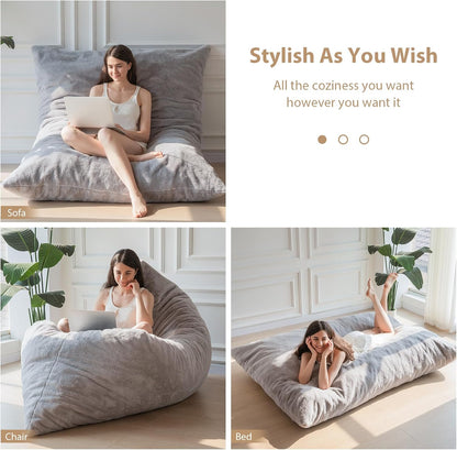 MAXYOYO Huge Bean Bag Bed, Square Bean Bag Chair, Large Sofa with Plush Cover and Fluffy Filling for Adults Couples Guests (Grey, 135x190cm)