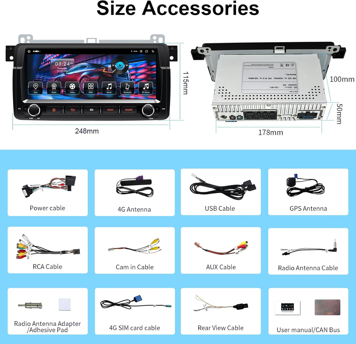 8,8'' Android 14 autoradio voor BMW E46 M3 / Rover 75 / MG ZT | 1-DIN in-dash radio met draadloos CarPlay & Android Auto | 4G LTE internet | 4GB RAM 64GB | GPS-navigatie | HD IPS touchscreen