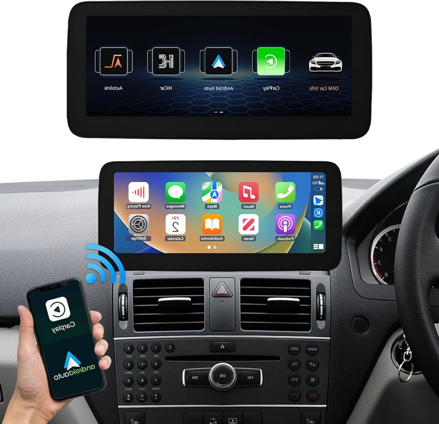 12,3 Inch Auto Touchscreen – Multimedia Scherm – Navigatiesysteem – Infotainmentscherm – Draadloos Display – Draadloze CarPlay & Android Auto – Compatibel Met Mercedes Benz C Klasse W204 – Hoge Resolutie 1920x720 Pixels