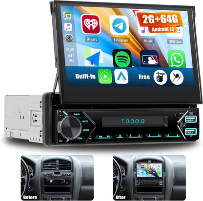 OiLiehu 2+64G Android 13 1-DIN Autoradio met Draadloze CarPlay & Android Auto, 7" IPS Handmatig Inklapbaar Scherm