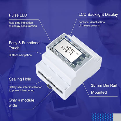 Eastron CT-gestuurde Din-rail driefasige MID-energiemeter en zonne-energiemonitor - 3P4W/3P3W/1P2W - Multi-meet zonnemonitor - 2 pulsuitgangen - 4 module 72 mm breed (SDM630MCT-MODBUS-MID)