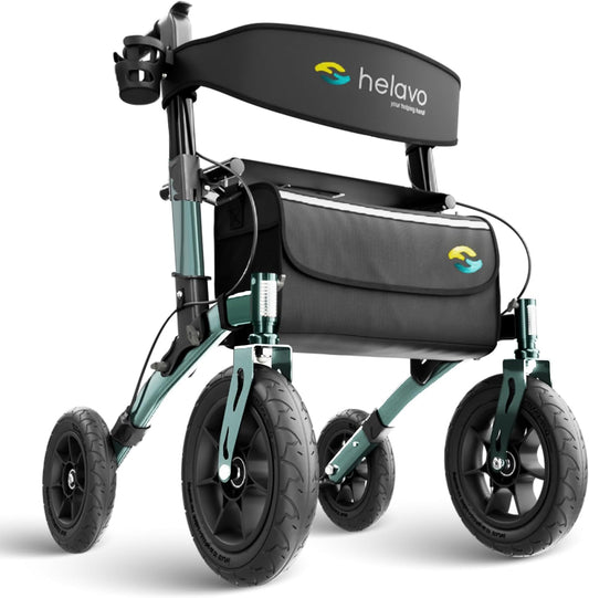 HELAVO Rollator voor buiten met luchtbanden - opvouwbare aluminium rollator voor buiten met zitje - maximale mobiliteit en comfort voor buiten